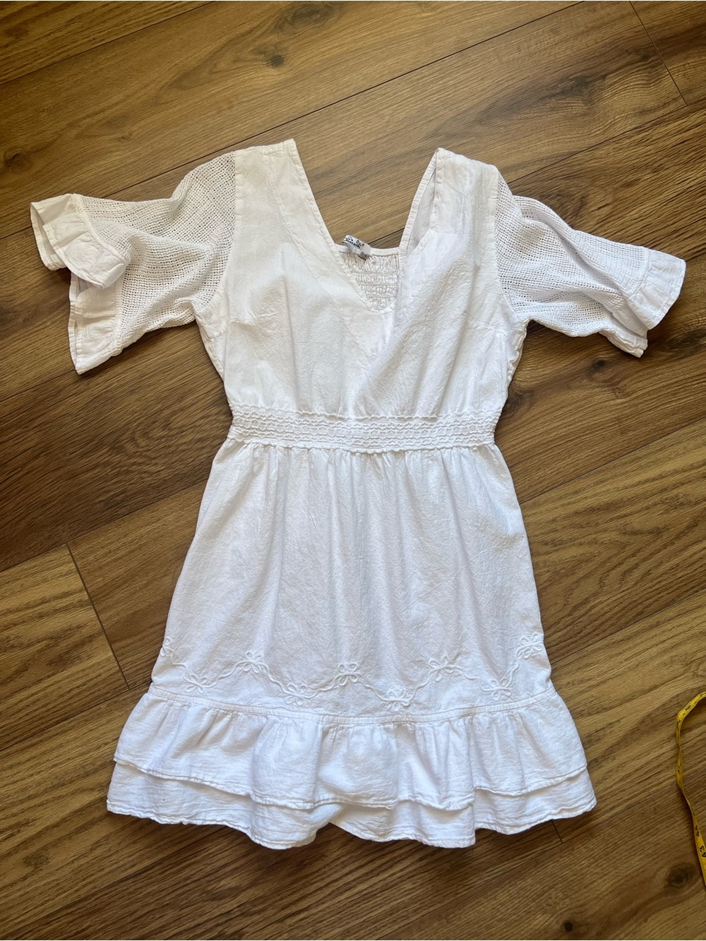 Glocam Boho White Cotton Eyelet Embroidered Ruffle Tiered Mini Dress L